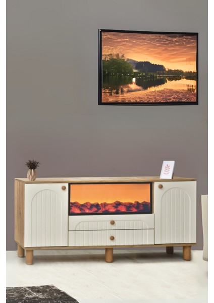 Lidya Şömineli Konsol 2 Kapaklı 2 Çekmeceli Atlantik Çam Krem Alev Efektli 160x80x44 Cm
