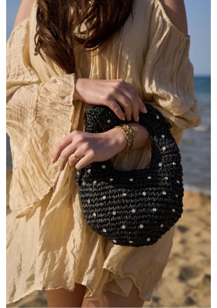 Taşlı Portföy Clutch Fermuarlı Astarlı Örgü Hasır Yazlık Tatil El Çantası