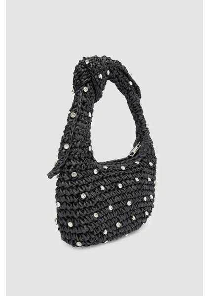 Taşlı Portföy Clutch Fermuarlı Astarlı Örgü Hasır Yazlık Tatil El Çantası