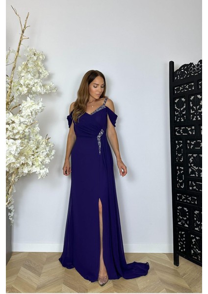 G1477 Taş Detaylı Maksi Şifon Abiye Elbise Mor