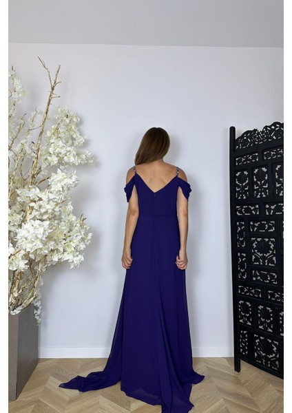 G1477 Taş Detaylı Maksi Şifon Abiye Elbise Mor fiyatları