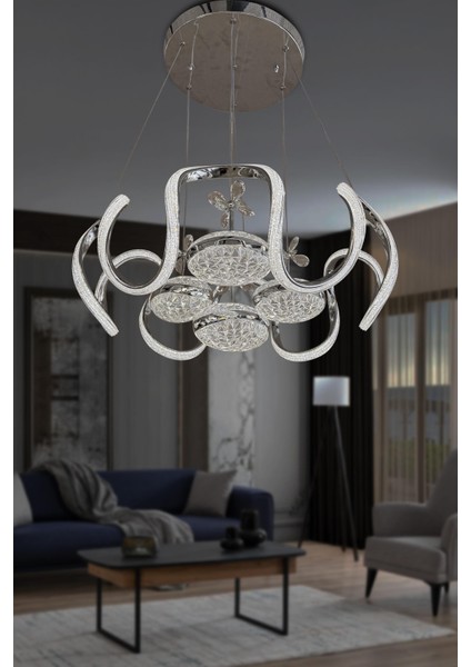 Eliza 4 Toplu Simli Slikonlu Modern Yüksek (Işık) Salon LED Avizesi