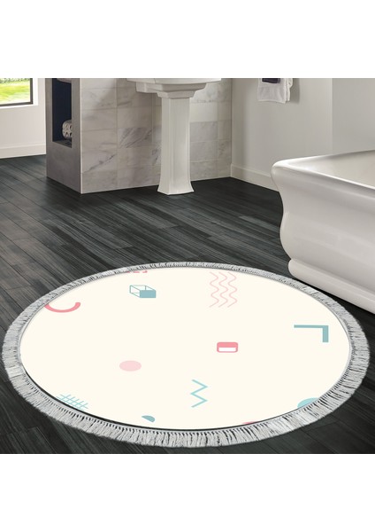 Kaymaz Dijital Mutfak & Salon Halı Trend Saçaklı Yuvarlak Geometrik E5015 Beyaz