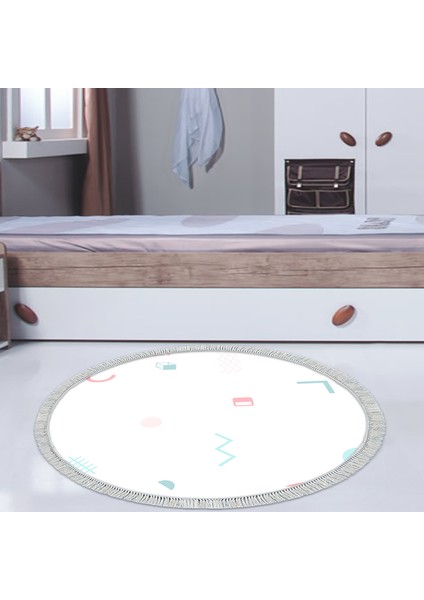 Kaymaz Dijital Mutfak & Salon Halı Trend Saçaklı Yuvarlak Geometrik E5015 Beyaz