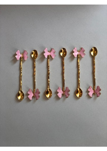 Pembe Metalik Kelebek Figürlü Mineli 6'lı Çay Kaşığı Seti