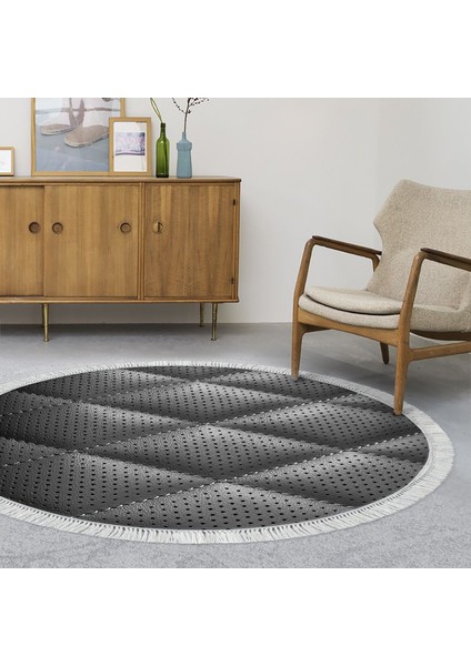 Kaymaz Dijital Mutfak & Salon Halı Yıldız Deri Saçaklı Yuvarlak Geometrik E5013 Siyah