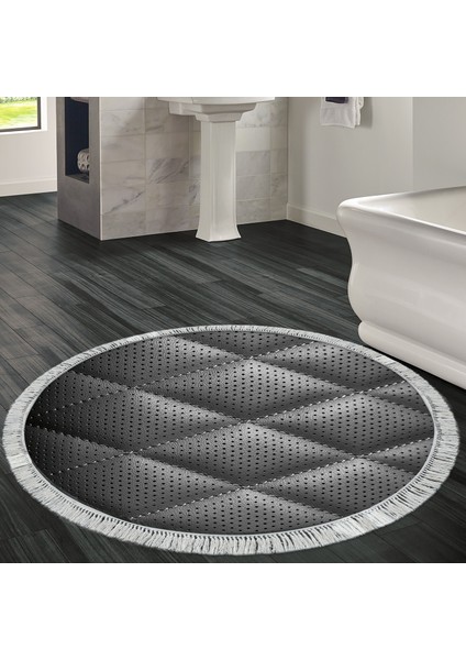 Kaymaz Dijital Mutfak & Salon Halı Yıldız Deri Saçaklı Yuvarlak Geometrik E5013 Siyah