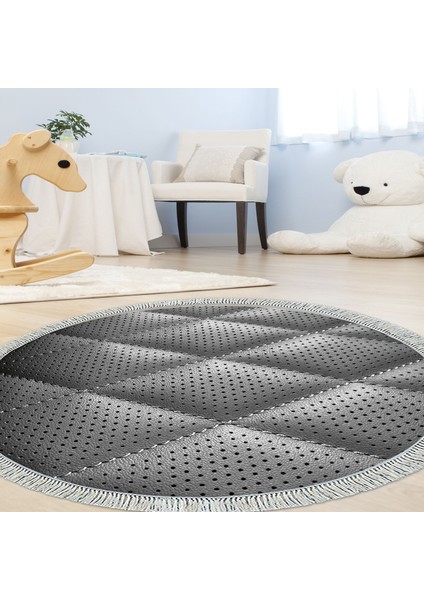Kaymaz Dijital Mutfak & Salon Halı Yıldız Deri Saçaklı Yuvarlak Geometrik E5013 Siyah