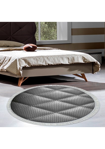Kaymaz Dijital Mutfak & Salon Halı Yıldız Deri Saçaklı Yuvarlak Geometrik E5013 Siyah