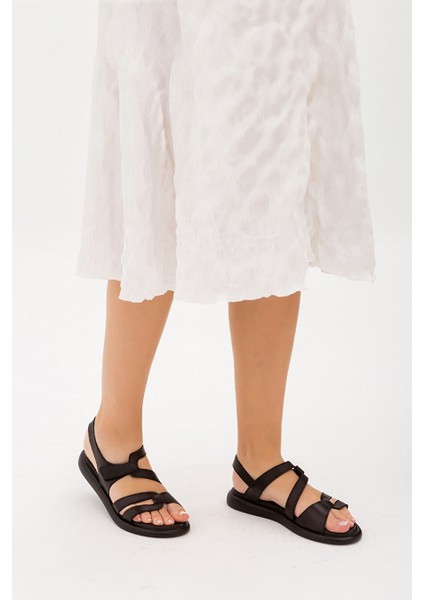 Kadın Hakiki Deri Siyah Düz Sandalet