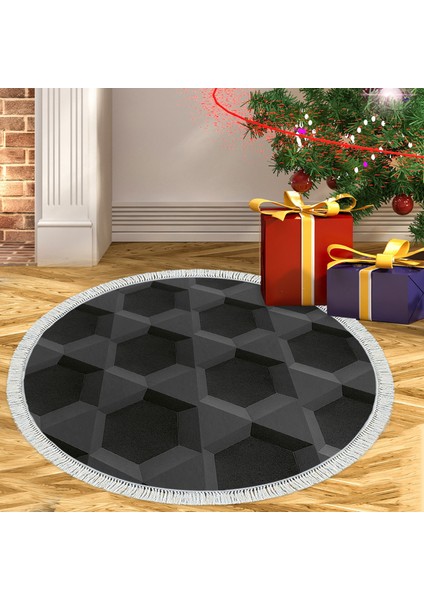 Kaymaz Dijital Mutfak & Salon Halı Trend Saçaklı Yuvarlak Geometrik E5016 Siyah