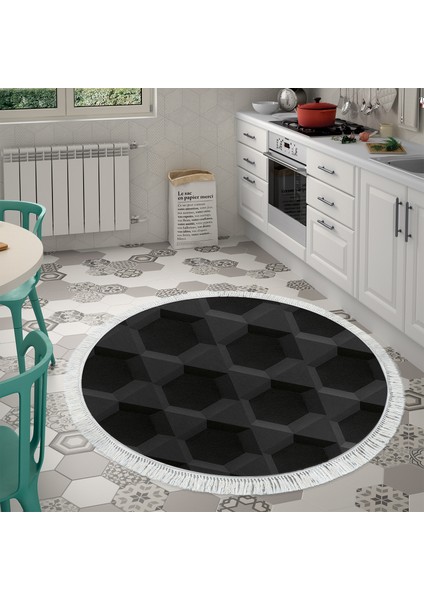 Kaymaz Dijital Mutfak & Salon Halı Trend Saçaklı Yuvarlak Geometrik E5016 Siyah indirimleri