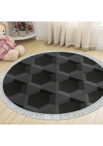 Kaymaz Dijital Mutfak & Salon Halı Trend Saçaklı Yuvarlak Geometrik E5016 Siyah