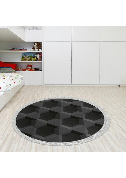 Kaymaz Dijital Mutfak & Salon Halı Trend Saçaklı Yuvarlak Geometrik E5016 Siyah