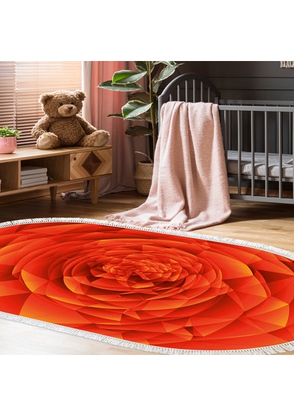 Kaymaz Dijital Mutfak & Salon Halı Trend Saçaklı Oval Geometrik E5011 Turuncu