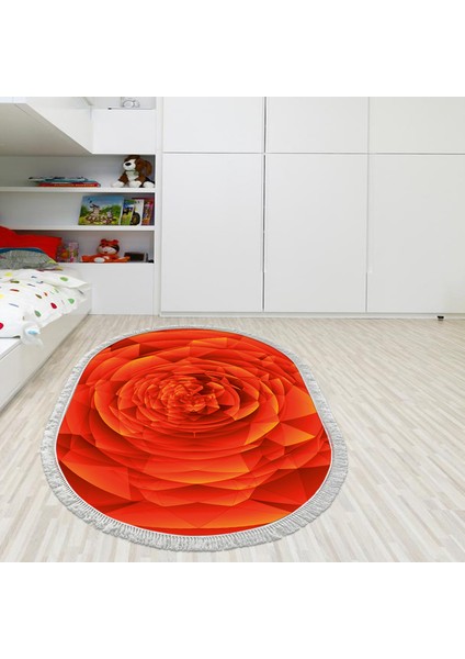 Kaymaz Dijital Mutfak & Salon Halı Trend Saçaklı Oval Geometrik E5011 Turuncu