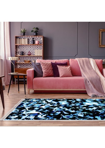 Kaymaz Dijital Mutfak & Salon Halı Star Pamuk Saçaklı Geometrik E5012 Mavi