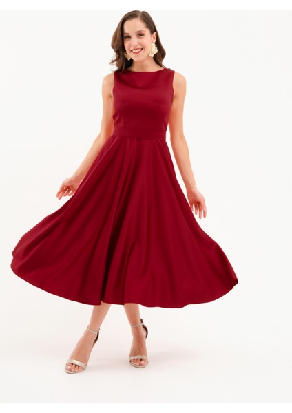 Kadın Bordo Kalın Askılı Kemerli Midi Abiye Elbise