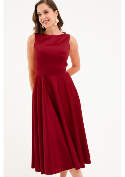 Kadın Bordo Kalın Askılı Kemerli Midi Abiye Elbise fiyatları