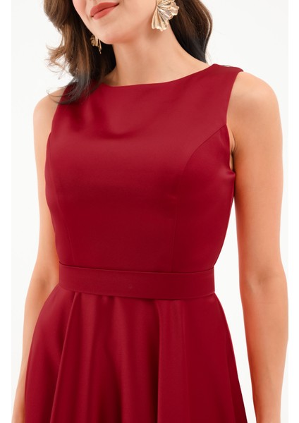 Kadın Bordo Kalın Askılı Kemerli Midi Abiye Elbise modelleri