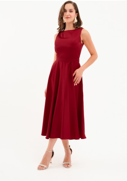 Kadın Bordo Kalın Askılı Kemerli Midi Abiye Elbise fırsatları