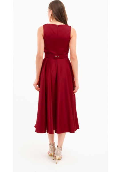 Kadın Bordo Kalın Askılı Kemerli Midi Abiye Elbise indirimleri