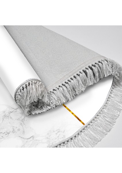 Kaymaz Dijital Mutfak & Salon Halı Trend Saçaklı Yuvarlak Geometrik E5008 Beyaz fırsatları