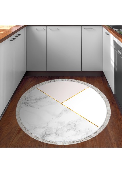 Kaymaz Dijital Mutfak & Salon Halı Trend Saçaklı Yuvarlak Geometrik E5008 Beyaz indirimleri