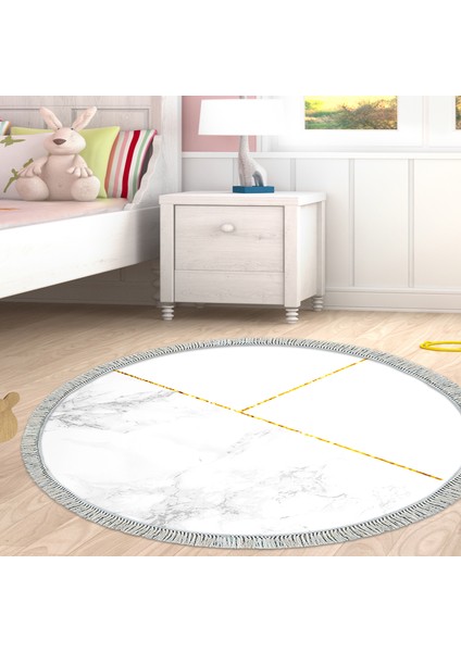 Kaymaz Dijital Mutfak & Salon Halı Trend Saçaklı Yuvarlak Geometrik E5008 Beyaz