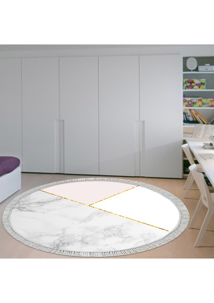 Kaymaz Dijital Mutfak & Salon Halı Trend Saçaklı Yuvarlak Geometrik E5008 Beyaz