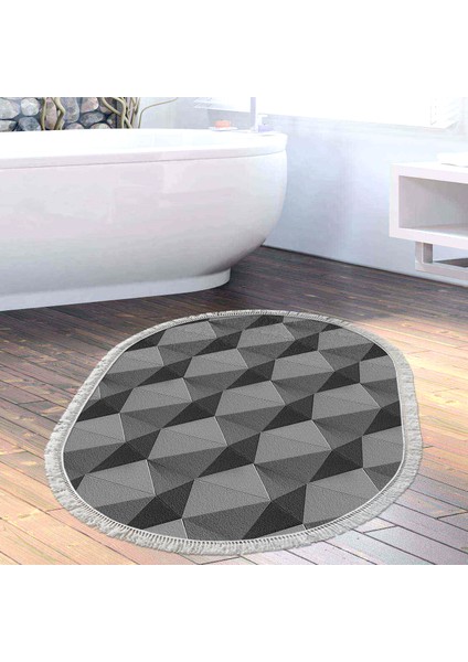 Kaymaz Dijital Mutfak & Salon Halı Yıldız Deri Saçaklı Oval Geometrik E5010 Gri