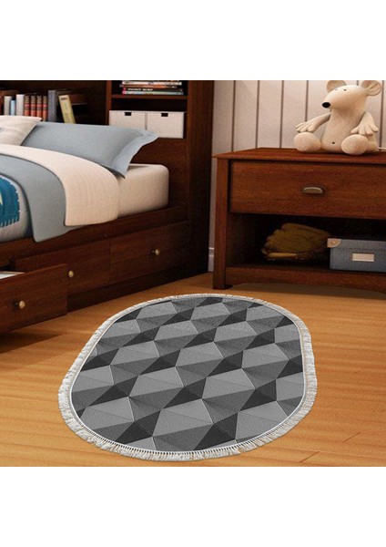 Kaymaz Dijital Mutfak & Salon Halı Yıldız Deri Saçaklı Oval Geometrik E5010 Gri