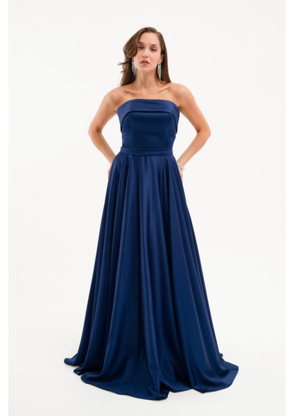 Kadın Lacivert Straplez Saten Kloş Abiye Elbise modelleri