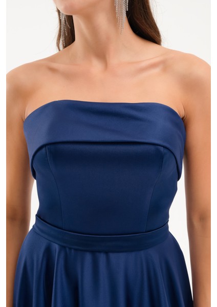 Kadın Lacivert Straplez Saten Kloş Abiye Elbise fırsatları