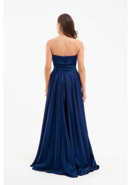 Kadın Lacivert Straplez Saten Kloş Abiye Elbise indirimleri
