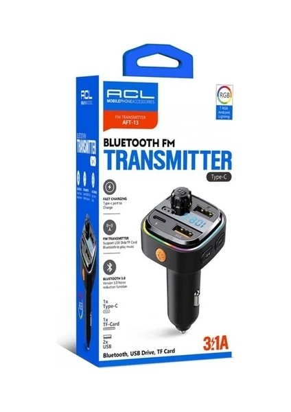 Aft-13 Wireless, 3.1A 2xusb, Tf Kartlı Type-C, Rgb Işıklı Fm Transmitter modelleri
