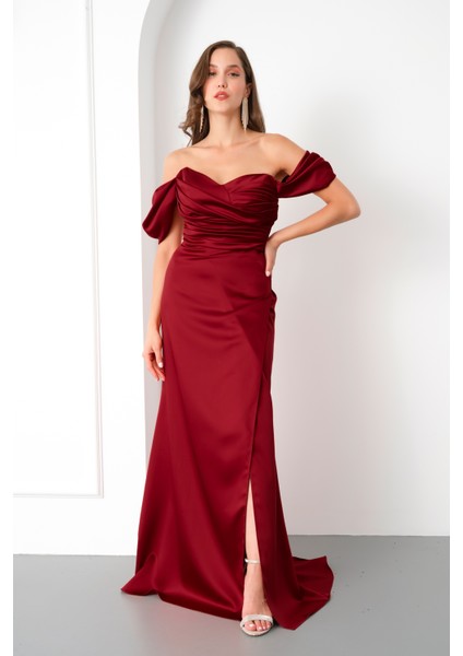 Kadın Bordo Kayık Yaka Yırtmaçlı Söz Nişan Nikah Abiye Elbise