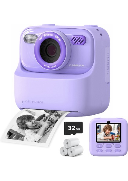 P79 Fotoğraf Anında Baskı Çocuk Dijital Kamera Eğlenceli Oyun Hd 1080P Çift Lensli Kamera, 32G Hafıza Kartı-Mor (Yurt Dışından)