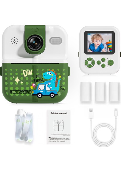 P02 2.4 Inç Anında Baskı Kamerası Karikatür Hayvan Deseni Flip Lens Hd Kamera 32GB Kart + Kart Okuyucu ile Çocuklar Için-Yeşil (Yurt Dışından)
