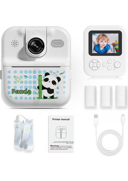 P02 2.4 Inç Anında Baskı Kamerası Karikatür Hayvan Deseni Flip Lens Hd Kamera, 32GB Kart + Kart Okuyucu ile Çocuklar Için-Beyaz (Yurt Dışından)