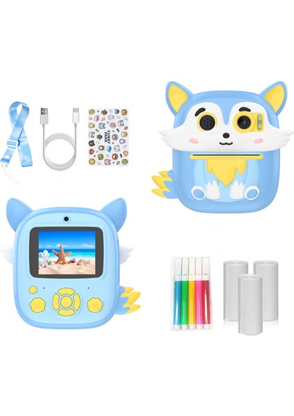 P7 2.4 Inç IPS Ekran Karikatür Fox Çocuk Kamera Çocuklar Için Anında Baskı Çift Lens Hd Video Kaydedici-Mavi (Yurt Dışından)