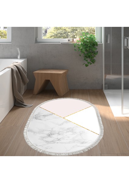 Kaymaz Dijital Mutfak & Salon Halı Yıldız Deri Saçaklı Oval Geometrik E5008 Beyaz
