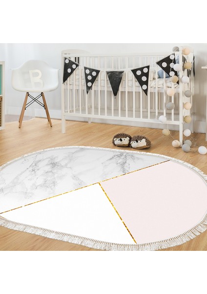 Kaymaz Dijital Mutfak & Salon Halı Yıldız Deri Saçaklı Oval Geometrik E5008 Beyaz