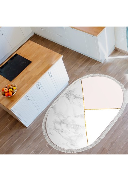 Kaymaz Dijital Mutfak & Salon Halı Trend Saçaklı Oval Geometrik E5008 Beyaz indirimleri