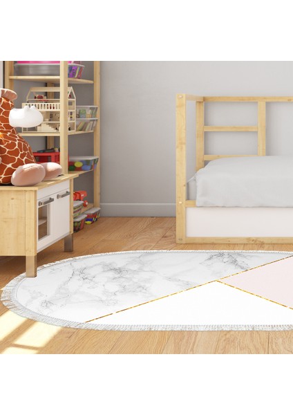Kaymaz Dijital Mutfak & Salon Halı Trend Saçaklı Oval Geometrik E5008 Beyaz