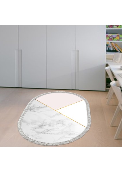 Kaymaz Dijital Mutfak & Salon Halı Trend Saçaklı Oval Geometrik E5008 Beyaz
