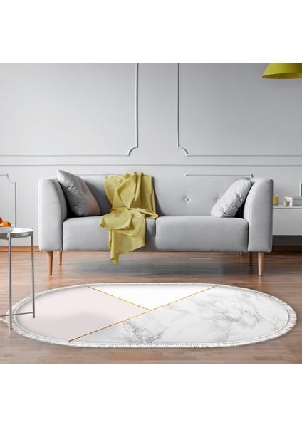 Kaymaz Dijital Mutfak & Salon Halı Yıldız Deri Saçaklı Oval Geometrik E5008 Beyaz