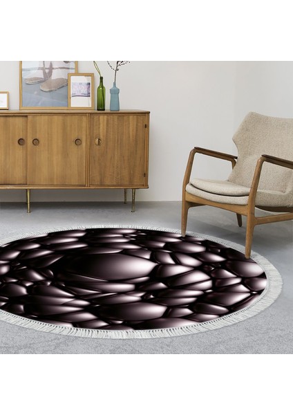Kaymaz Dijital Mutfak & Salon Halı Star Pamuk Saçaklı Yuvarlak Geometrik E5009 Siyah