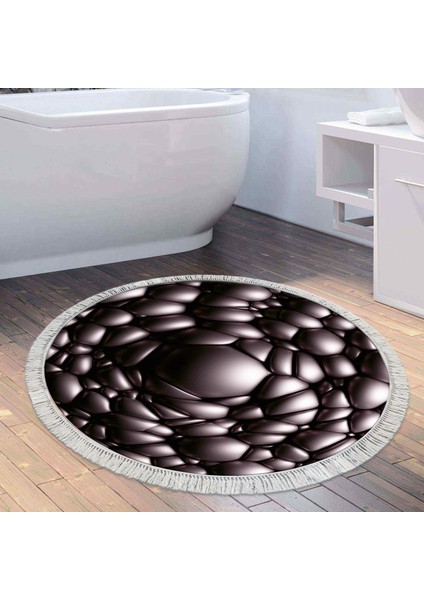 Kaymaz Dijital Mutfak & Salon Halı Star Pamuk Saçaklı Yuvarlak Geometrik E5009 Siyah