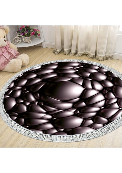 Kaymaz Dijital Mutfak & Salon Halı Star Pamuk Saçaklı Yuvarlak Geometrik E5009 Siyah